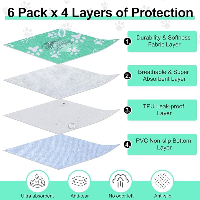 BEAUTYZOO 6 Pack Washable Pee Pads for Dogs, Reusable Puppy Pads for Potty Training, Waterproof Super Absorbent Whelping Pads Mats Non Slip Against Urine for Small Medium Dogs Cats, 16" x 24"