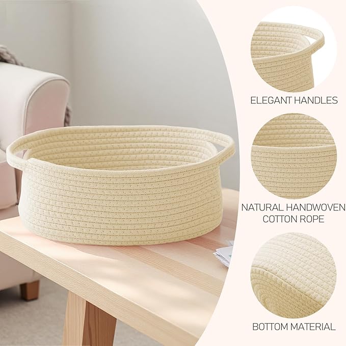 Woven Basket,Small Rope Storage Bin with Handles & Ribbon Bag, Organizer for Shelves Closets,Gift Basket Empty for Birthday,Books,Dog Toys,Beige/2 Pack