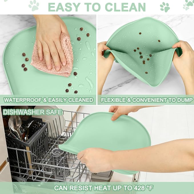 SMILOOL Silicone Pet Feeding Mat with Raised Edge for Food and Water, Dog Bowl Mats, Cat Bowls Placemat with High Lip for Floor Waterproof, Rubber Tray for Cats and Dogs 12 x 12 x 0.7 Mint Green