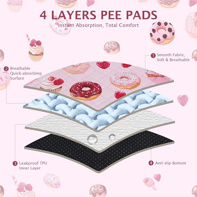 IEUUMLER Washable Pee Pads for Dogs, 2 Pack Cake Pattern Reusable Waterproof Puppy Potty Pads, Non-Slip Absorbent Pet Training Pads for Playpen Crate Bed EU015 Pink Cake, 36x36