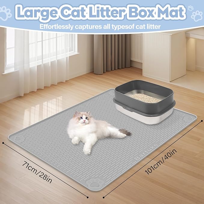 Bartuke Cat Litter Mat, Extra Large 40" x 28" Silicone Mat Litter Trapping Mat for Scatter Control, Soft on Kitty Paws, Easy to Clean (Gray)