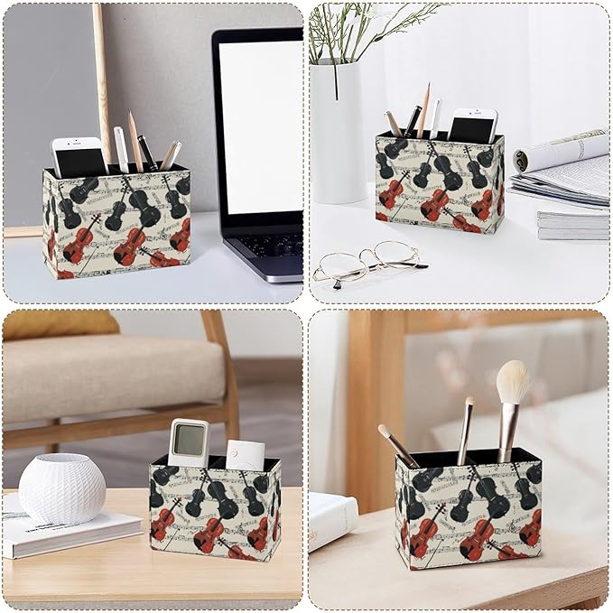 Famame Violins Black Music Notes Pencil Holder for Desk, Leather Desktop Container Pen Cup Storage Study Table Pen Organizer Makeup Brush Holder for Classroom Office Home