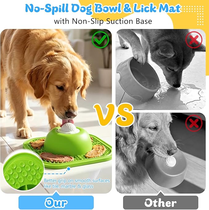 Slow Feeder Dog Bowls & Lick Mat for Liquid and Thick Treat, Anti-Slip Dog Lick Bowl with Interactive Rolling Ball, 5/6 Cup Pup Licking Toy for Large Medium Small Dogs and Cats Green