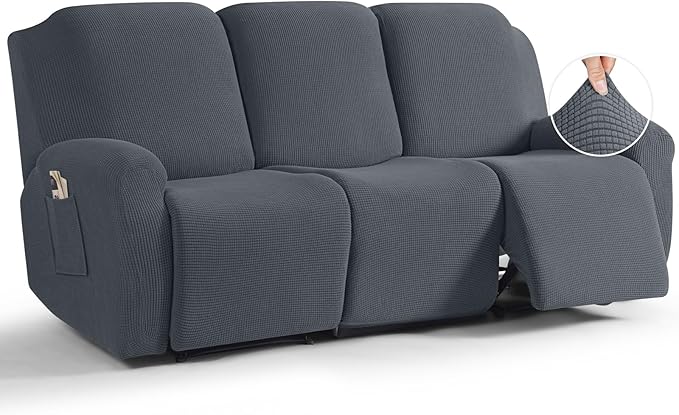 TAOCOCO Recliner Sofa Covers 8-Pieces Stretch Large Couch Covers for 3 Seats Reclining Slipcovers Soft Jacquard Pattern Furniture Protector (Grey)