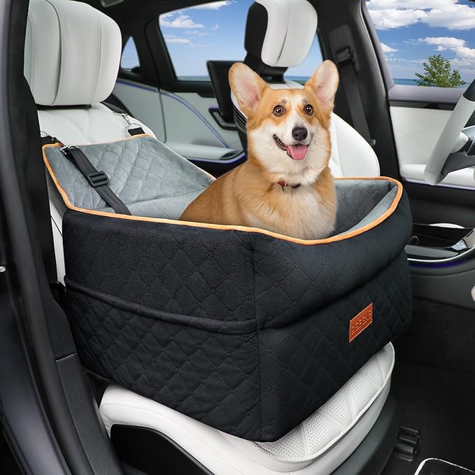 GL GLENSLAVE Dog Car Seat for Small Medium Dogs, Memory Foam Dog Booster Car Seat for Pets Under 35 lbs, Anti-Slip Pet Carseat with 2 Adjustable Leashes, Elevated Dog Travel Bed with Storage Pockets