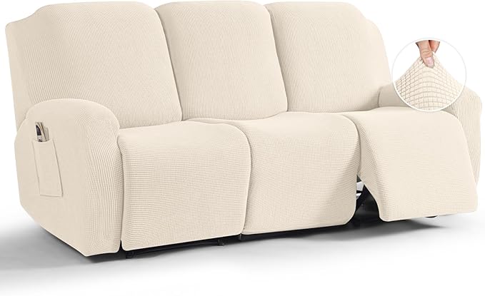 TAOCOCO Recliner Sofa Covers 8-Pieces Stretch Large Couch Covers for 3 Seats Reclining Slipcovers Soft Jacquard Pattern Furniture Protector (Beige)