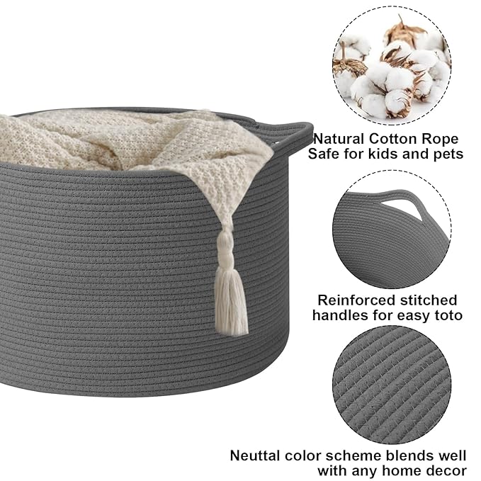90L Large Blanket Basket,21.7"L x 21.7"W x 13.8"H Rope Woven Baskets with Handles, Toys Storage Bins,Laundry Basket Perfect for Living Room, Nursery,Bedroom,Home Organization,Dark Gry