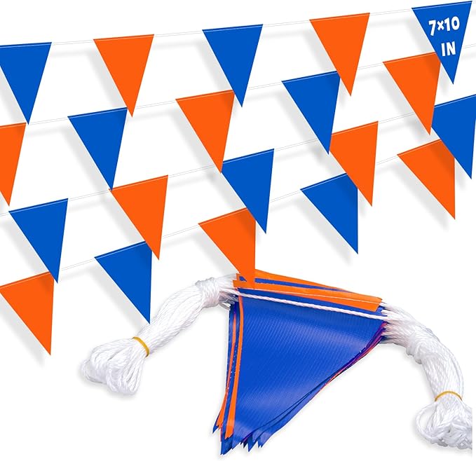 105ft Pennant Banner Flags, 7x10 Blue and Orange 45 Pcs High Visibility Safety Flagging on String, Triangle Pool Flag for Backstroke, Construction Events Party Decoration Parking Marking Outside