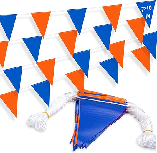 105ft Pennant Banner Flags, 7x10 Blue and Orange 45 Pcs High Visibility Safety Flagging on String, Triangle Pool Flag for Backstroke, Construction Events Party Decoration Parking Marking Outside