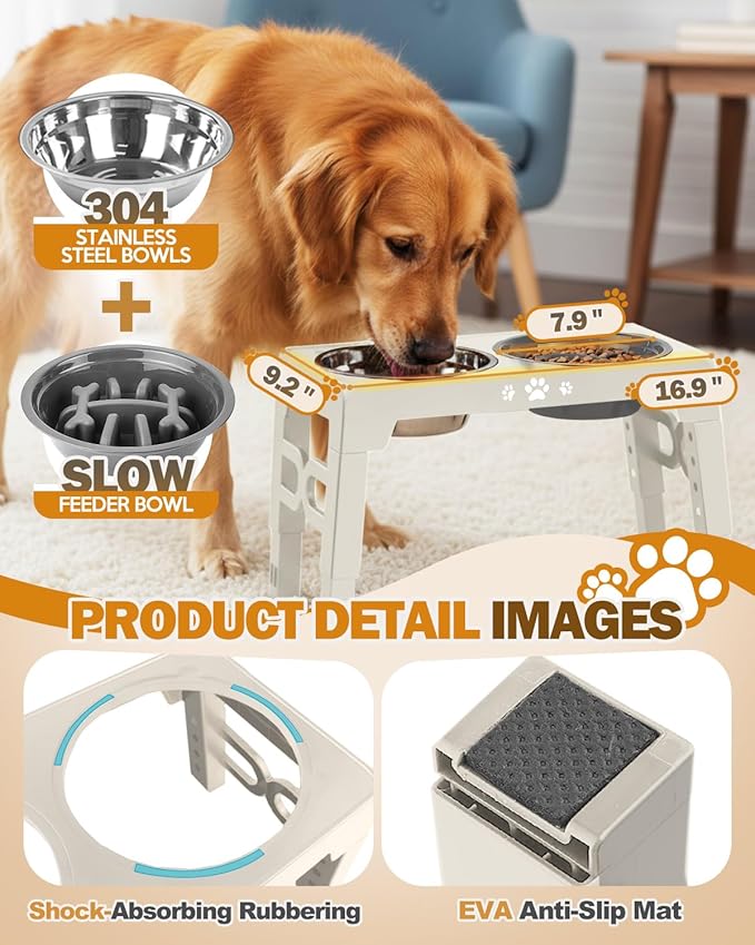 Jovrun Elevated Dog Bowls, Dog Feeder with Stainless Steel Dishes & Slow Feeder Bowl, 5 Heights Adjustable Raised Stand for Medium Large, Food Dishes with Non-Slip Feet