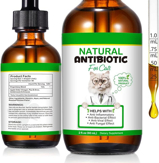 Antibiotics for Cats Supports Immune & Allergy Relief 60ml, Natural Cat Antibiotics Liquid Drops - Fast Absorption, Digestive Aid, Urinary Tract, Skin, Ear & Dental Infection.