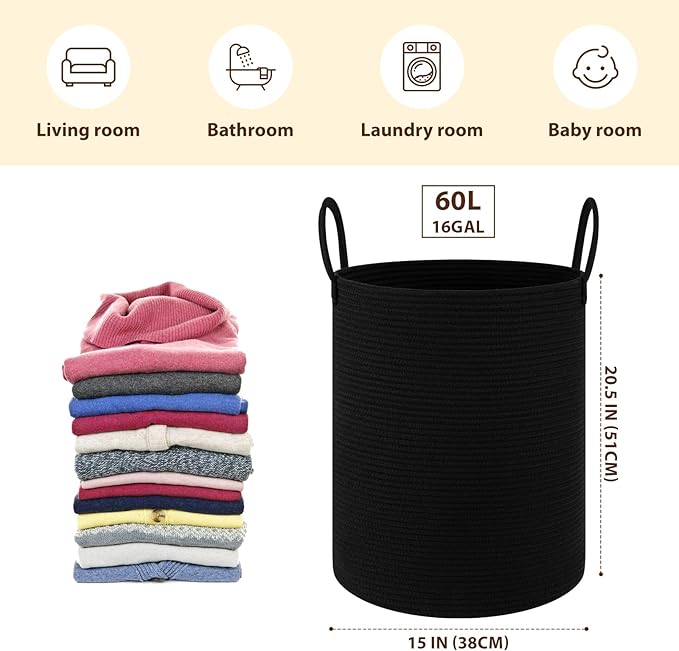 OIAHOMY Large Laundry Basket Hamper - 60L Cotton Rope Woven Basket for Blankets, Toys, Clothes - Tall Decorative Nursery Hamper with Long Handles, Black