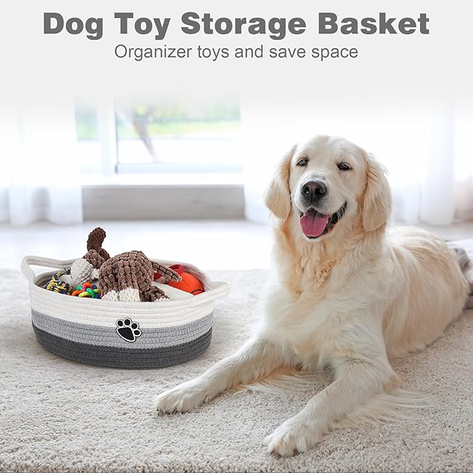 Dog Toy Easter Basket, Toy Box and Bin for Dog Cat Storage, 13.5" X 11" X 5" Small Woven Rope Basket for Baby Storage, Closet, Living Room, White & Grey