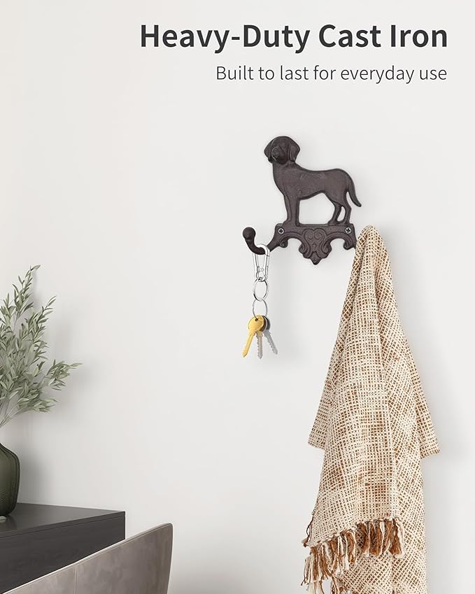 Cast Iron Dog Wall Hooks for Hanging, Heavy Duty Dog Leash Holder for Wall Mount Coat Hooks Decorative Key Hanger Vintage Farmhouse Entryway Cute Animal Decor Rustic Brown 2 Pack