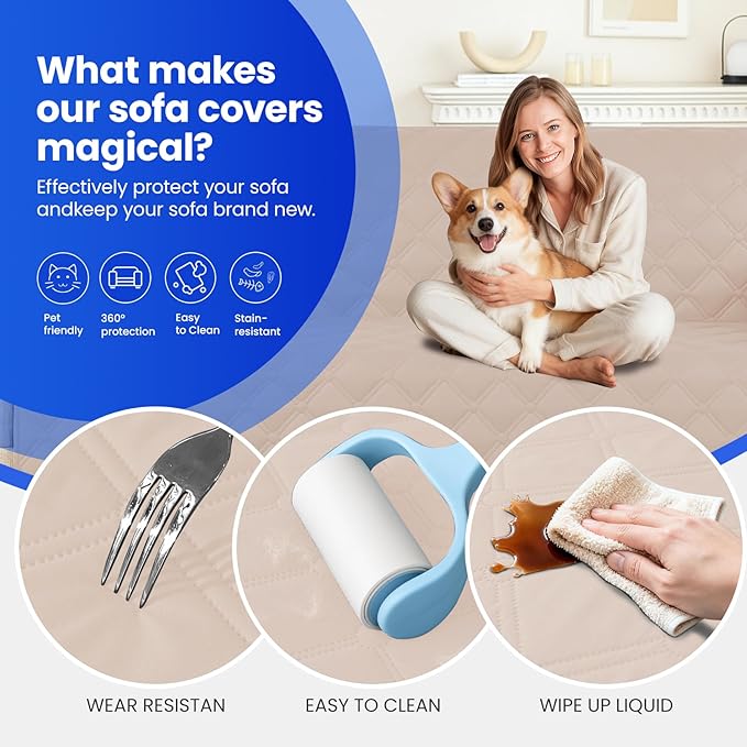 CYCMACO Waterproof Dog Bed Cover, Non-Slip Dog Blanket for Couch, Couch Covers for Dogs Washable, Pet Blanket for Furniture, Pet Bed Mat for Sofa, Car, Pet Supplies (68x82 Inch, Beige)