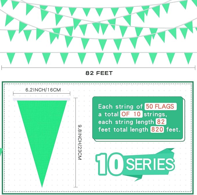 Tatuo 820 ft 500 Pcs Pennant Banner Flag String Hanging Triangle Bunting Flag for Carnival Party Outdoor Events Birthday Classroom Decoration(Green)