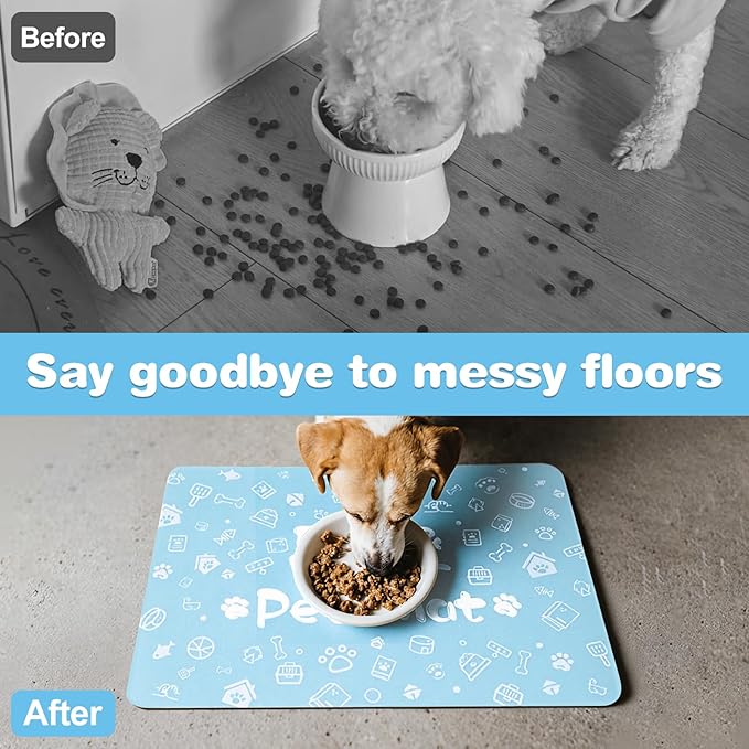 Pet Feeding Mat,Dog Cat Mat for Food and Water,Dog Bowl Waterproof Placemat with Rubber Backing,Absorbent Quick Dry Water Dispenser Mat for Pet（Blue 16"×24"）