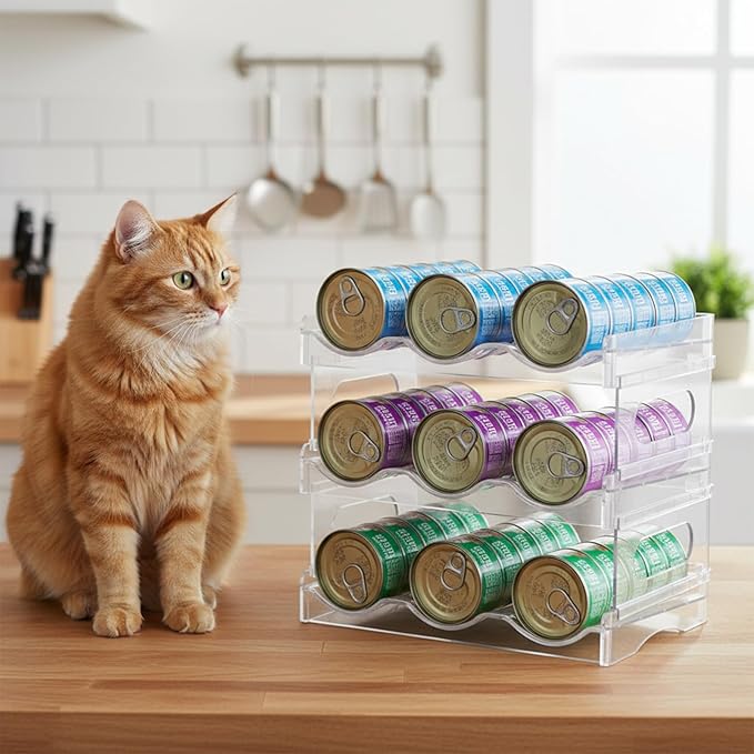 Mowhut Cat Food Can Organizer, Can Organizer for Pantry, 3-Tier Cat Food Storage Container, Acrylic, Holds 45 (3oz) Cans, Kitchen Organizers and Storage for Countertop, Clear