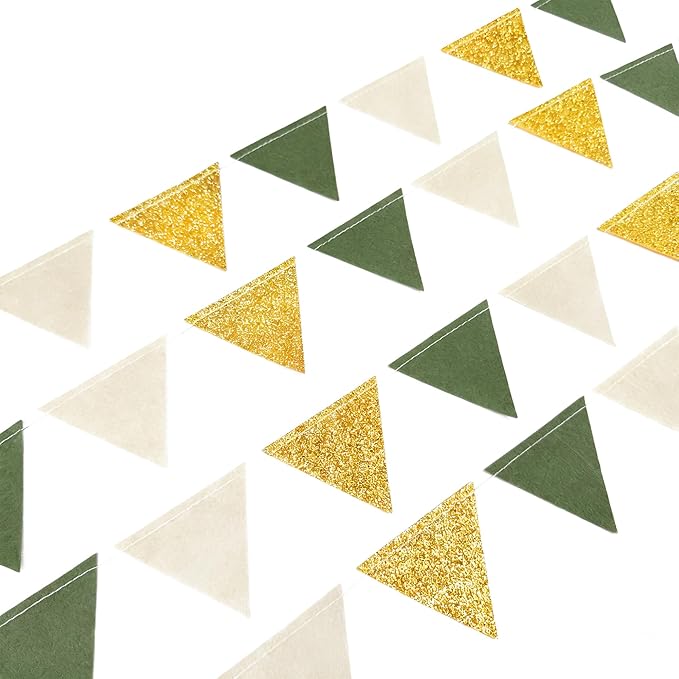 Sage Green Gold Party Decorations Oilve Green Beige Gold Glitter Felt Triangle Mini Banner Bunting Pennant Flag for Baby Shower Birthday Wedding Jungle Woodland Safari Party Nursery Classroom Decor