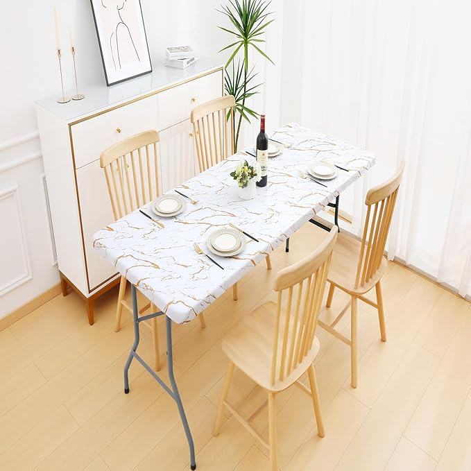 misaya Rectangle Vinyl Flannel Backed Tablecloth, Elastic Waterproof Fitted Table Cover, Plastic Table Cloth Fit 4 Foot Folding Tables for Picnic, Camping, Outdoor (White Gold Marble, 30x48 inch)
