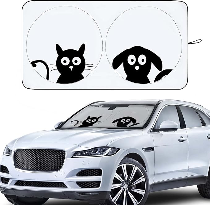 Car Windshield Sunshade with Pet Design, Cute Dog & Cat Cartoon Front Windshield Sun Shade Foldable Sunshade Blocks Heat UV Rays, Protect Interior Keep Cool, Fits Cars SUV Truck - Medium