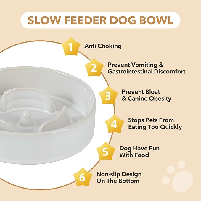 Ceramic 0.9 Cup Raised Slow Feeder Dog Bowl Set, Elevated Acacia Wood Stand for Small Dog and Cat, 6.1inch Slow Dish, Stop Bloat(Single Bowl+ Stand, Reactived Glaze -White)