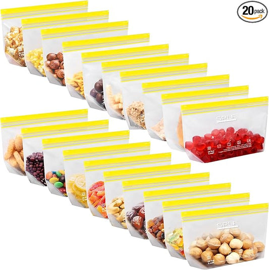 SPLF 20 Pack Reusable Snack Bags Dishwasher Microwave Safe, BPA Free Extra Thick Leakproof Reusable Food Storage Bags Silicone Free Snack Pouch For Women & Men