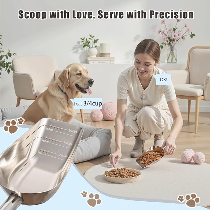 Dog-Cat Food Scoop 3/4 Cup / 6oz, Aloxina Thickened 304 Stainless Steel Pet Food Scoop with Long Handle, Precision Scale, Easy to Clean, Suitable for Wet and Dry Food