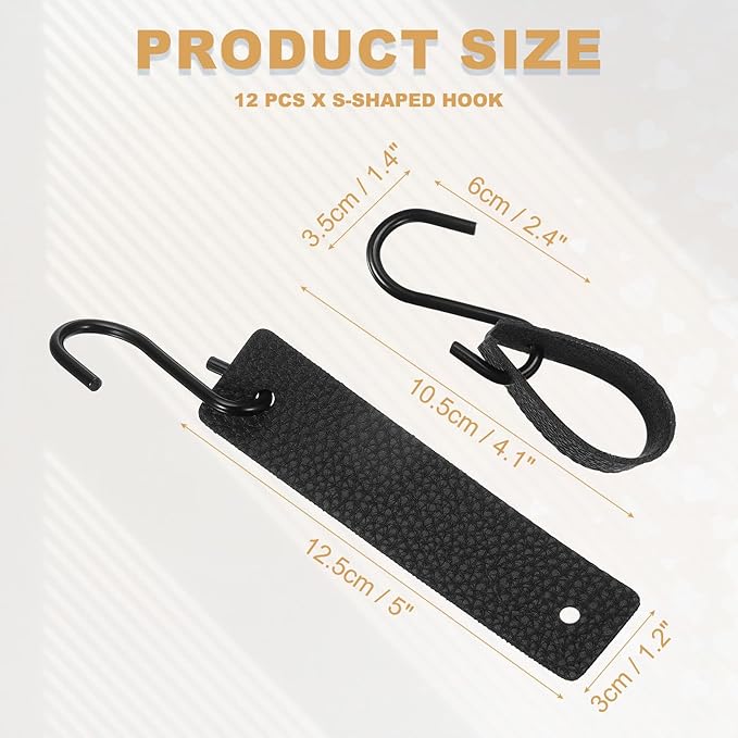 uxcell 12 Pcs PU Leather S Hooks, Multifunctional S Shaped Hooks for Hanging Coat Towel Camping Kitchen Bathroom Handle, Black