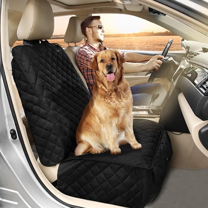 Deluxe Dog Seat Cover for Front Seat-More Durable Waterproof Front Seat Protector, High Heat Resistant and Nonslip Front Seat Cover for Dogs Kids, Universal Size (Black)
