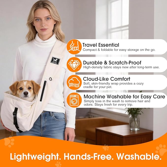 Pet Sling Carrier for Small Dogs and Cats 5-20lbs, Dog Sling with Adjustable Depth, Breathable Air Mesh Puppy Travel Bag, Water Resistant Fabric, Double Safety Leash, Machine Washable,Apricot