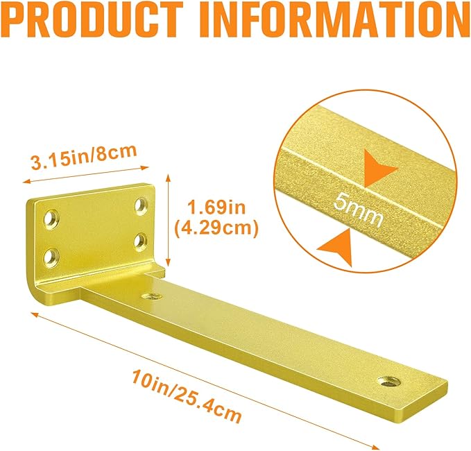 Floating Shelf Brackets 10 inch 6 Pack L Brackets for Shelves Gold Metal Heavy Duty Shelf Bracket for DIY Decorative with Mounting Hardware