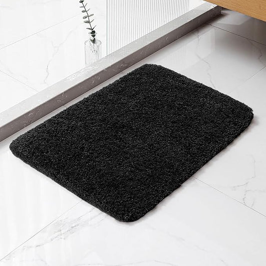 Black Bathroom Rug 17"x24" - High-Density Microfiber Bath Mat, Fluffy Non Slip Absorbent and Washable Bathroom Mat - Ideal for Small Spaces, Vanity, Toilet, or Pet Mat