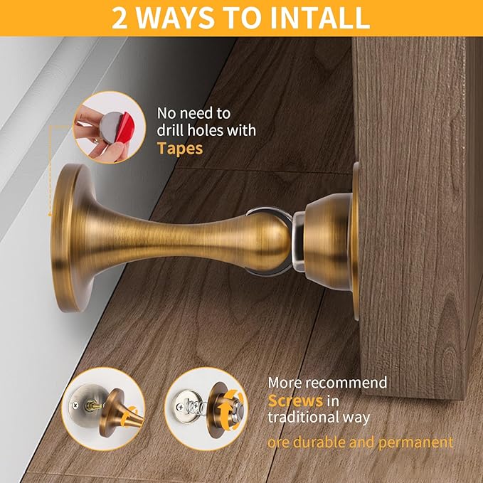 Bak Bo Magnetic Door Stopper, Strong Magnetic Door Holder Keep Door Open, Zinc Alloy Door Catch for Wall & Floor Mounting, No Drilling Door Stop with Adhesive (3 Pack Antique Brass)