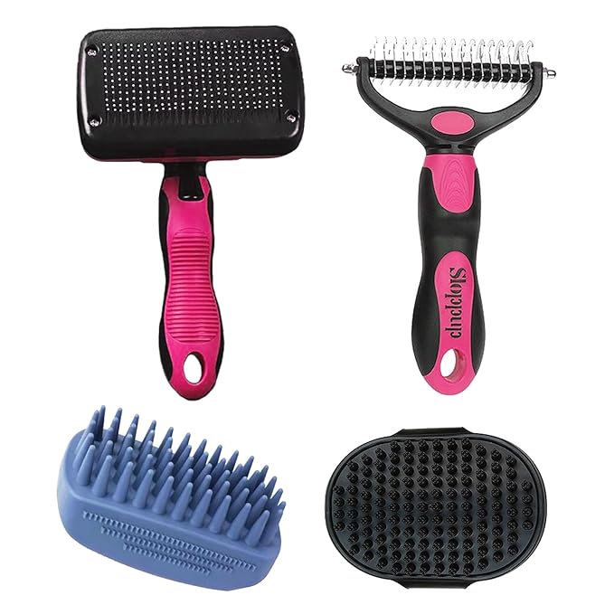 PETIMP STORE Dog Brush Kit for Grooming Short & Long Haired Dogs & Cats, 4-in-1 Pet Grooming Set with Self-Cleaning Slicker Brush, Deshedding Tool, Shampoo Bath Comb, Massge Comb (Pink Black)