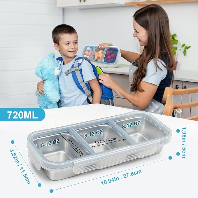 Snack Containers, 2Pack Stainless Steel Snackle Box Leakproof 3-Compartment Metal Bento Box with Airtight Lids, Reusable Food Storage Container for Lunch, Travel, Picnics, and Office