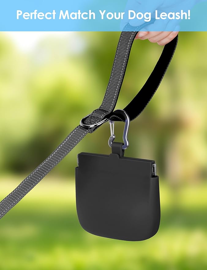 RBibei【One-Hand Access Silicone Dog Treat Pouch, Small Pocket Sized Training Pouch with Pull Tab & Auto Closing Lid for Easy Pet Training & Walking (Black)