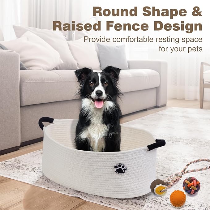 Dog Toy Basket, Toy Box and Bin for Dog Cat Storage, 19.7" X 11" X 7.9" (30L) Large Woven Basket for Blanket Storage, Rope Baskets for Living Room, Bedroom, White