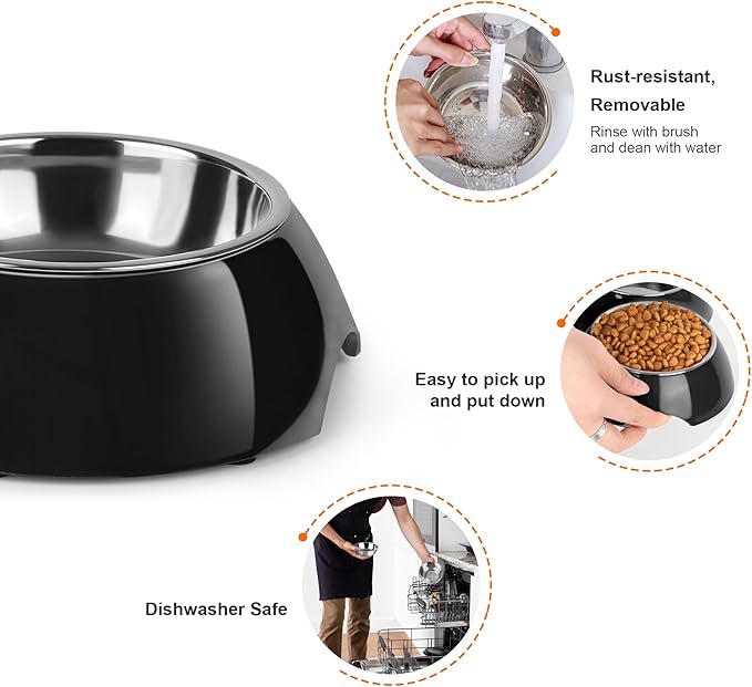 PetVillage Double Dog Bowls Set – Non-Slip Pet Food & Water Dishes with Resin Stand, Includes Small (1 Cup) & Medium (2 Cups) Bowls – Ideal for Puppies and Cats –Black