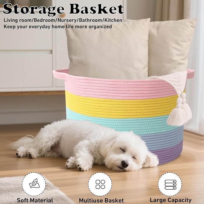 90L Large Blanket Basket,21.7"L x 21.7"W x 13.8"H Rope Woven Baskets with Handles, Toys Storage Bins,Laundry Basket Perfect for Living Room, Nursery,Bedroom,Home Organization,Colorful