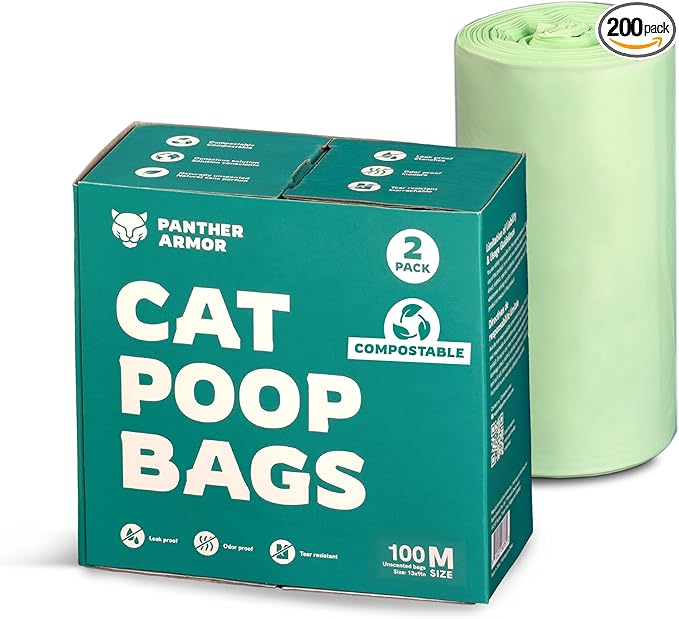 Panther Armor Poop Bags - 200x Cat Litter Bags for Poop - 13x9in Kitty Unscented Leak Proof trash bag - Box Trash Bags - Odor Proof Trash Disposal System
