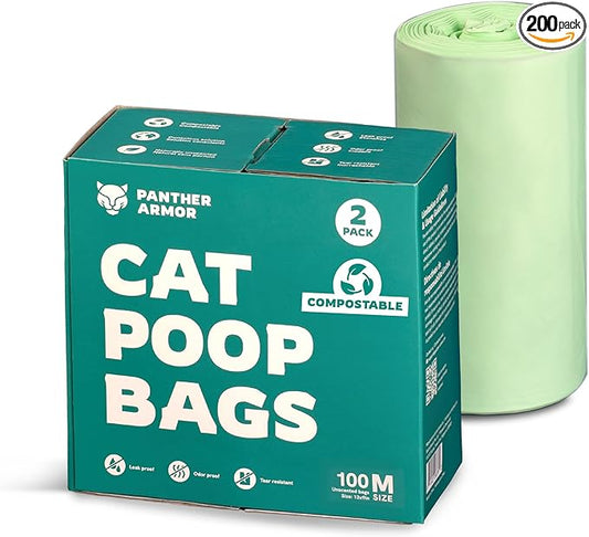 Panther Armor Poop Bags - 200x Cat Litter Bags for Poop - 13x9in Kitty Unscented Leak Proof trash bag - Box Trash Bags - Odor Proof Trash Disposal System