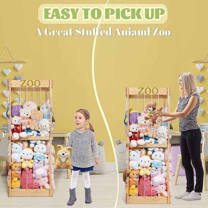 Trycooling Stuffed Animal Zoo Stuffed Animal Storage Wood Plushie Storage Stuffed Animals Zoo Storage Cage with Zoo Pattern Elastic Band for Nursery Play Room Bedroom (Wood) | Stuffed Animal Zoo, Plushie Storage, Zoo Pattern, Elastic Band