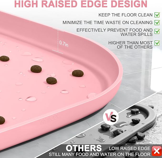 SMILOOL Silicone Pet Feeding Mat with Raised Edge for Food and Water, Dog Bowl Mats, Cat Bowls Placemat with High Lip for Floor Waterproof, Rubber Tray for Cats and Dogs 12 x 12 x 0.7 Sakura Pink