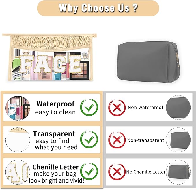 Boho Clear Makeup Letter Patch Makeup Bag FACE Pouch, Clear Toiletry Bag Travel Small Cute Preppy Chenille Letter Cosmetic Zipper Pouch Purse, Transparent Waterproof Makeup Clutch Bag for Women(FACE)