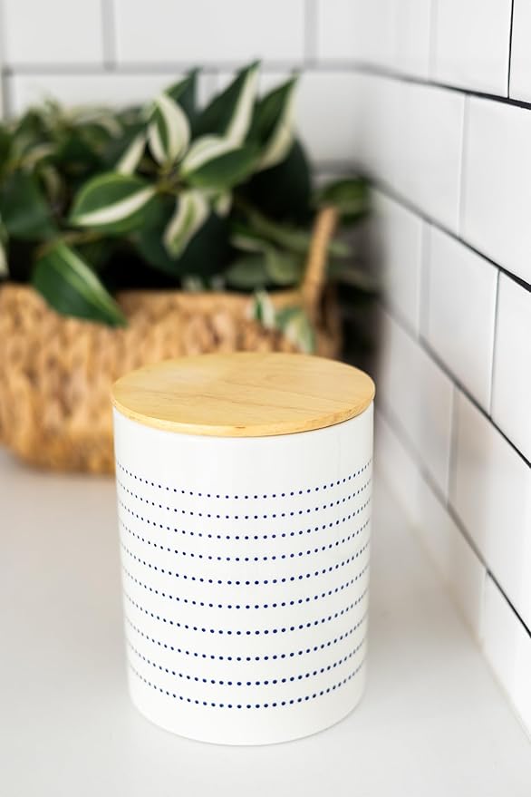 Pearhead Ceramic Dog Treat Jar with Wooden Lid – Container for Dog Biscuits & Training Treats, Airtight Stoneware Pet Snack Storage Canister, Modern Blue Dot Kitchen Countertop Jar