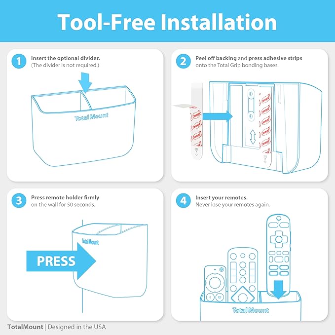 TotalMount Hole-Free Remote Holder – Eliminates Need to Drill Holes in Your Wall (Premium White Holder for 2 or 3 Remotes)