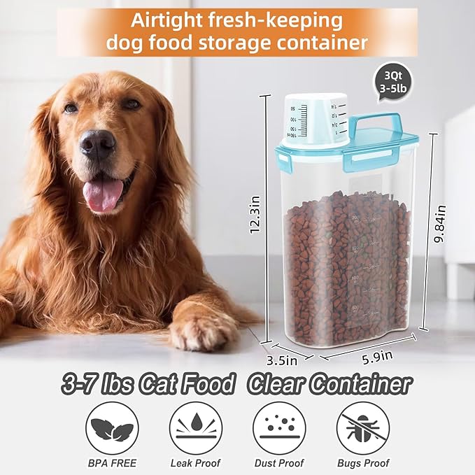 LEAWALK 3-5Lbs/3Qt Dog Cat Food Storage Container With foldable bowl. Plastic Pet Food Dispenser for Small Animal Kibble/Pet Food/Bird Seed/Oatmeal/Rice/Flour/Brown Sugart/Cereals (Clear Bule)