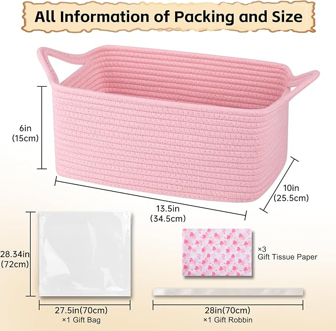 OIAHOMY Woven Basket, Gift Basket Empty with Gift Bags Ribbons and Wrap Tissue Paper, Rope Baskets for Baby Showers, Storage Baskets with Handles for Nursery, Pet Toy Organizer - Valentine's Pink