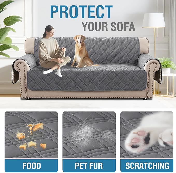 H.VERSAILTEX 100% Waterproof Couch Covers for 3 Cushion Couch Sofa Modern Sofa Slipcovers with Elastic Straps Thick Soft Furniture Protector Pet Friendly(Sofa, Grey/Beige)